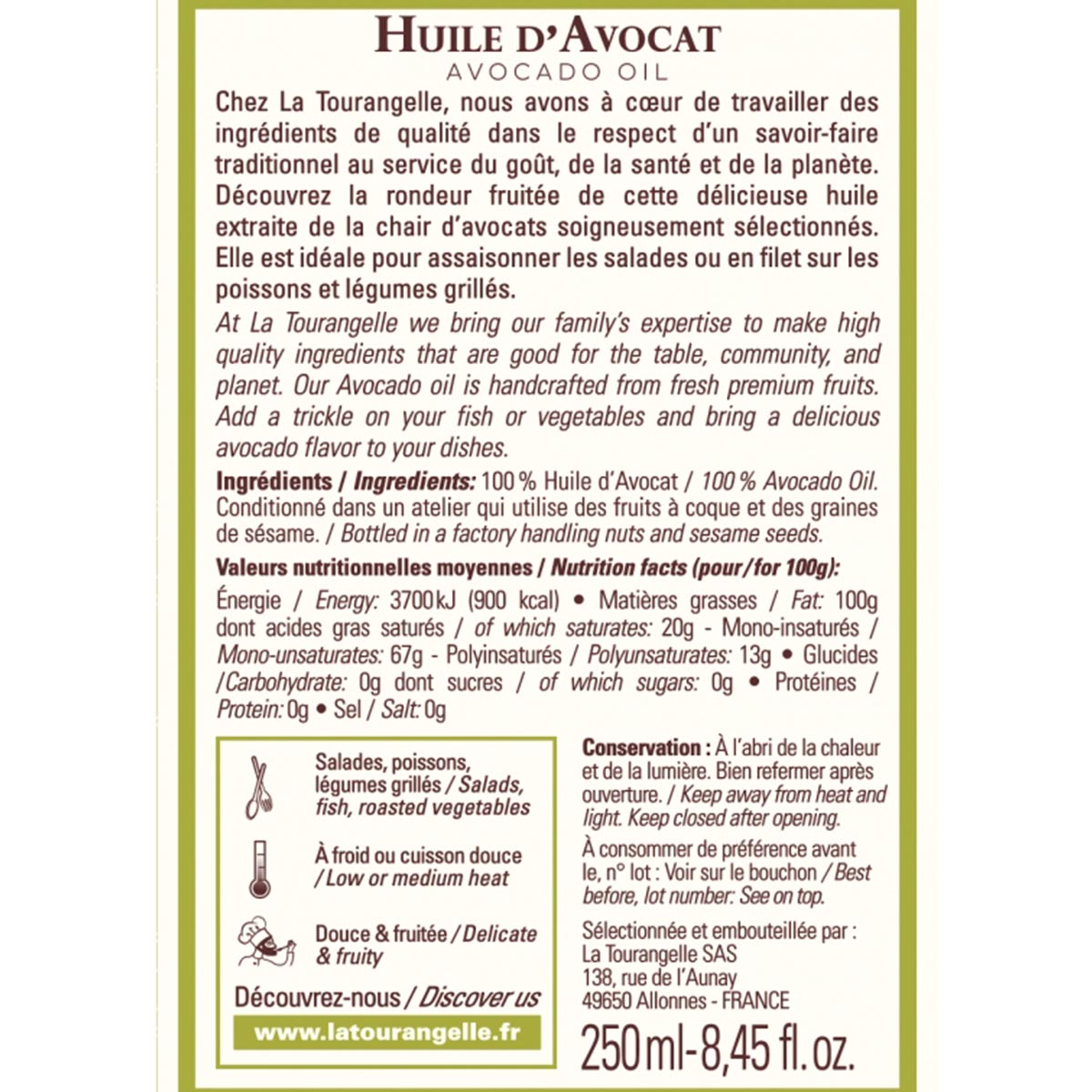 LA TOURANGELLE Avocado-Öl 250ml: Gesundes Kochen mit hochwertigem Gourmet-Öl
