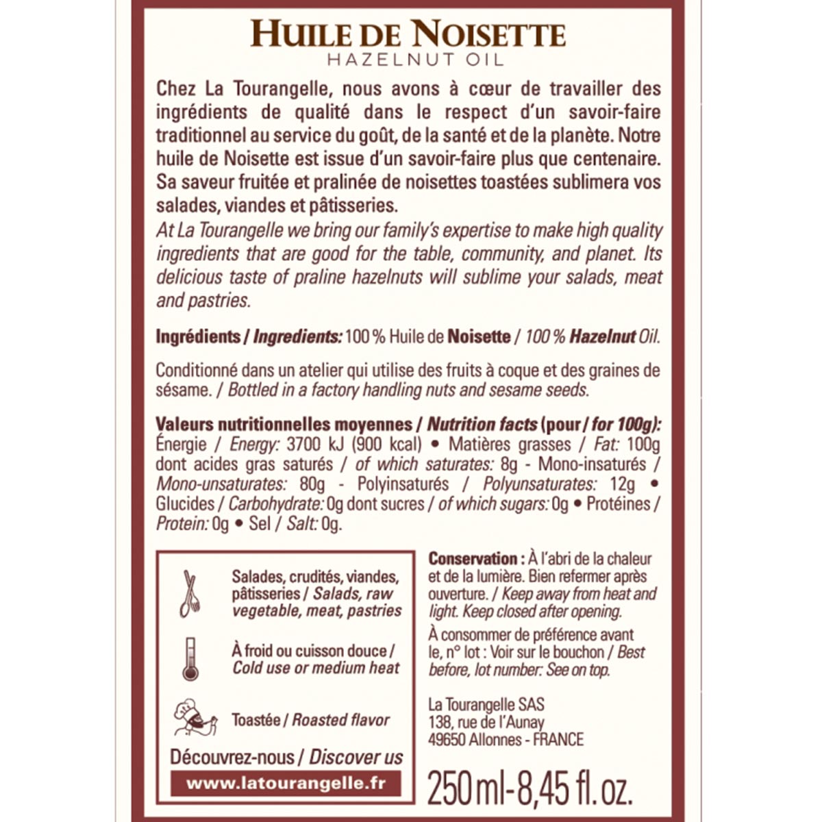 LA TOURANGELLE Haselnussöl - Feines Gourmet-Öl, 250ml