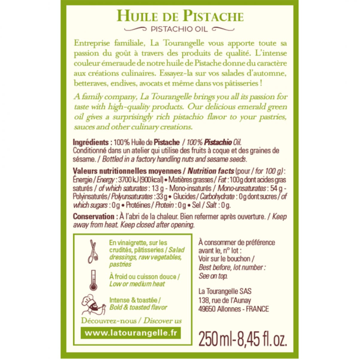 LA TOURANGELLE Pistazien-Öl 'Rein', 250ml, Schmuckdose, Gourmet Öl, handgefertigt