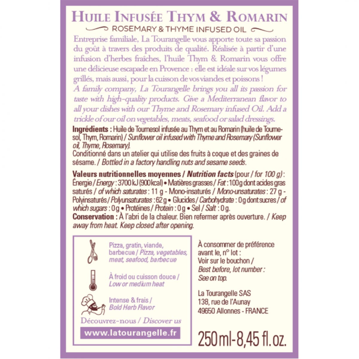 LA TOURANGELLE Thymian & Rosmarin Öl, 250ml, Gourmet Öl, handgefertigt