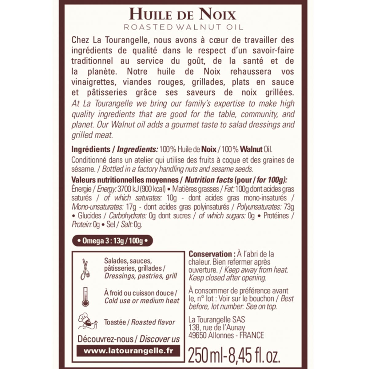 LA TOURANGELLE natives geröstetes Walnussöl, 250ml, Gourmet Öl, handgefertigt