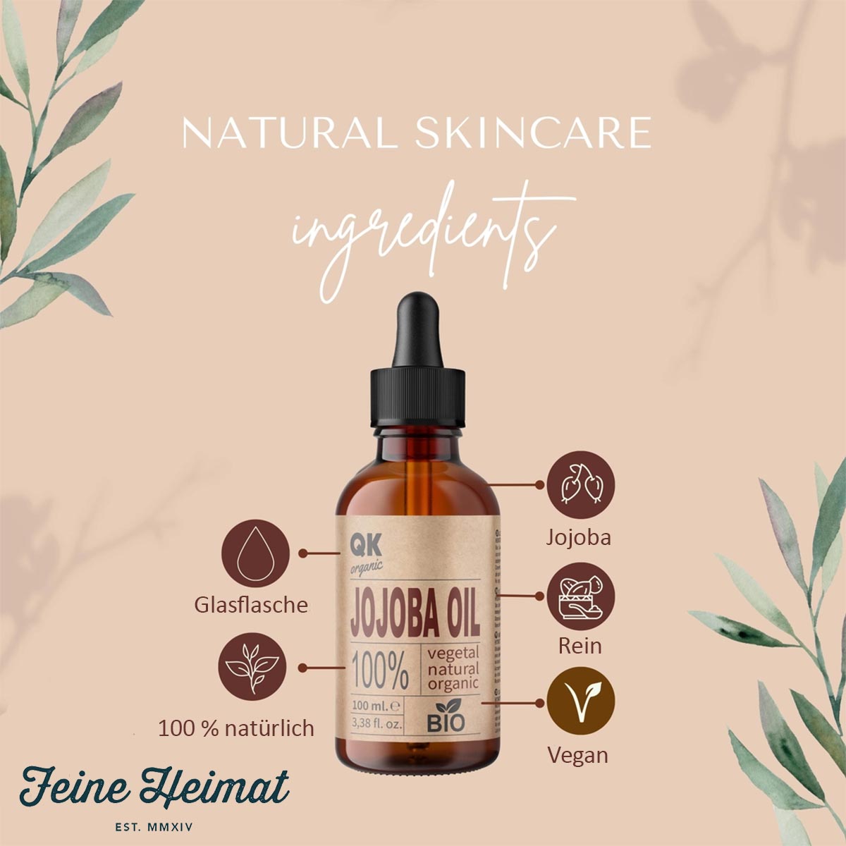 QKnatur JOJOBAÖL 100% reines veganes Bio-Jojobaöl für Körper, Gesicht, Haare, Nägel