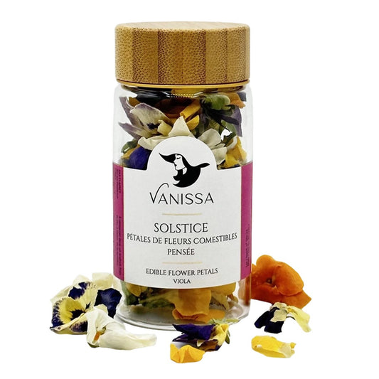 Vanissa Sonnenwende - Essbare Stiefmütterchen Blüten im Glasbehälter