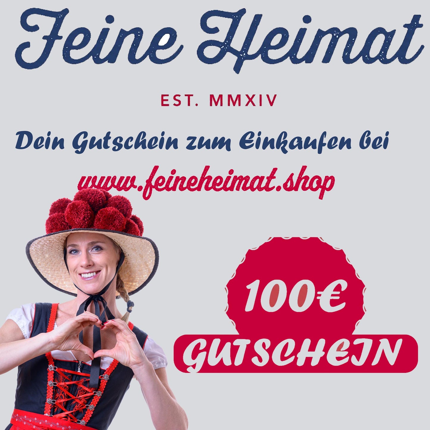 Geschenk Gutschein Feine Heimat 100 Euro - Frau mit Bollenhut bildet ein Herz mit ihrer Hand