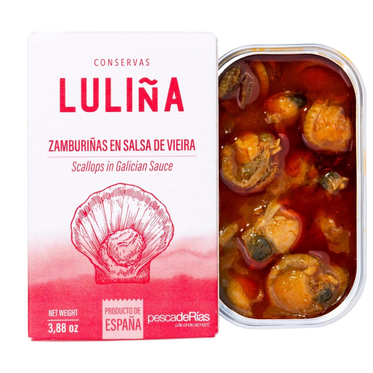 Geöffnete Dose mit Zamburiñas in galicischer Sauce – zarte Jakobsmuscheln in würziger Tomatensauce