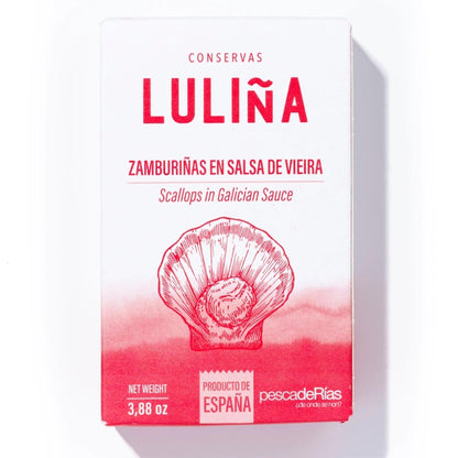 LULIÑA Zamburiñas en Salsa de Vieira – Jakobsmuscheln in galicischer Sauce, spanische Konserve mit Muschelmotiv