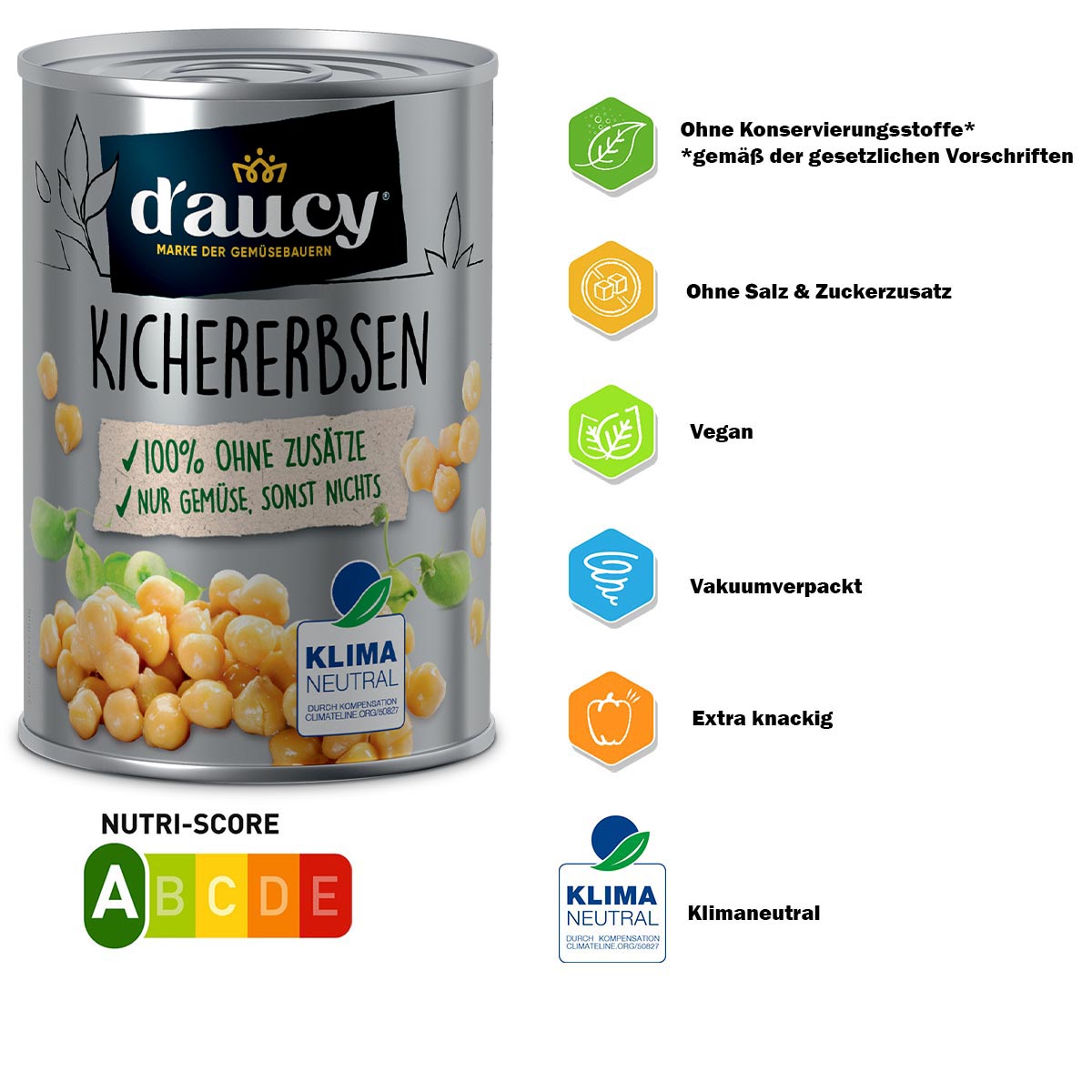 d'aucy Kichererbsen, 3x110g Dosen, ohne Salz & Zucker, ohne Konservierungsstoffe