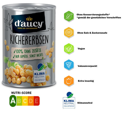 d'aucy Kichererbsen, 3x110g Dosen, ohne Salz & Zucker, ohne Konservierungsstoffe
