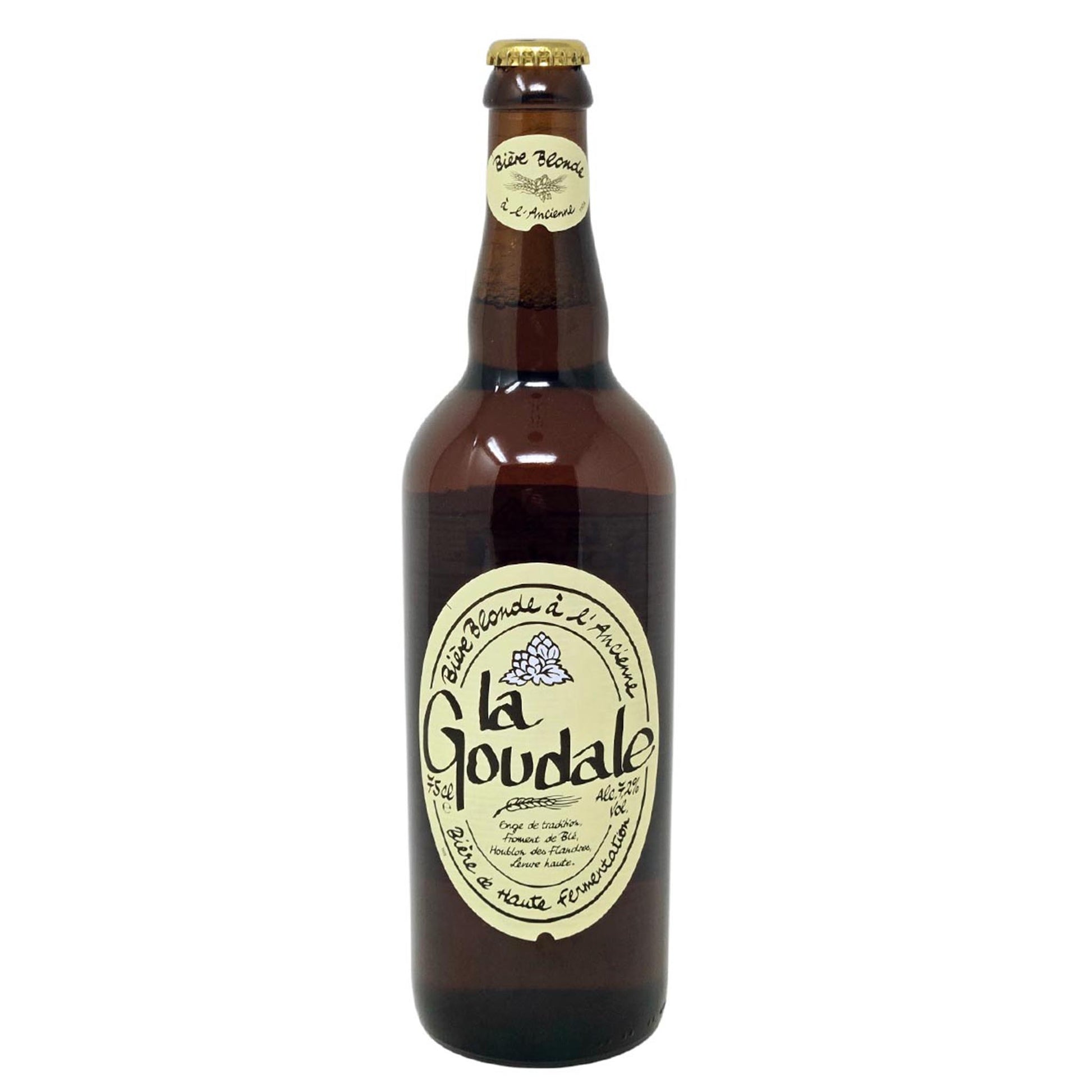 Eine 0,75-Liter-Flasche La Goudale Bière Blonde à l’Ancienne – traditionelles französisches Starkbier aus Nordfrankreich vor weißem Hintergrund.
