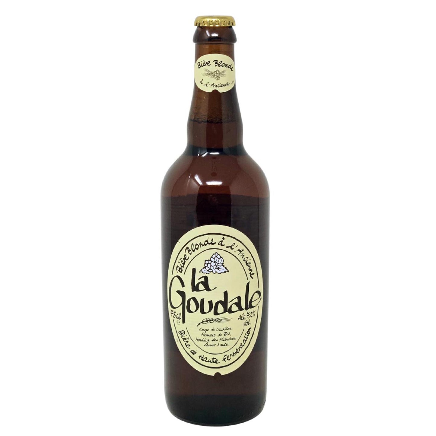 Eine 0,75-Liter-Flasche La Goudale Bière Blonde à l’Ancienne – traditionelles französisches Starkbier aus Nordfrankreich vor weißem Hintergrund.