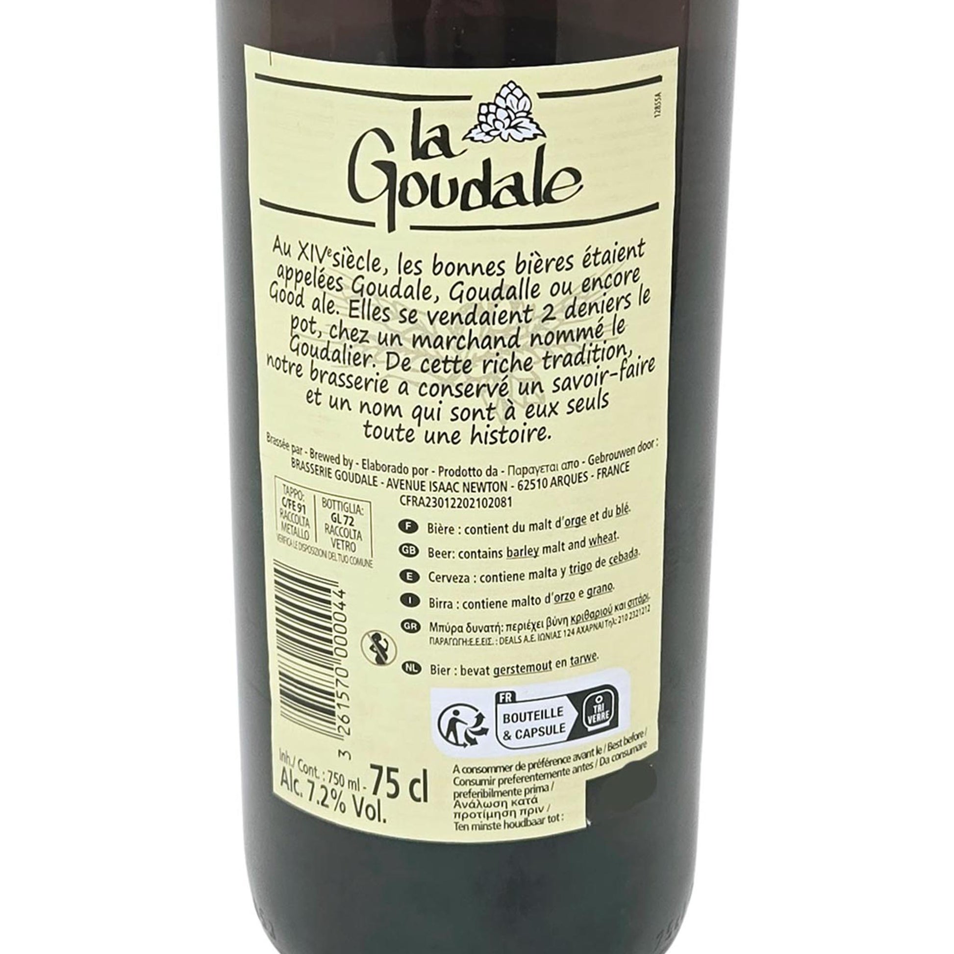 Nahaufnahme des Rücketiketts einer La Goudale Bierflasche (75 cl) – Detailansicht mit der historischen Markengeschichte, dem Alkoholgehalt von 7,2 % Vol. und Barcode.