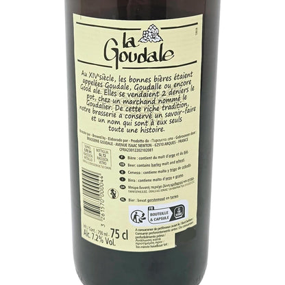 Nahaufnahme des Rücketiketts einer La Goudale Bierflasche (75 cl) – Detailansicht mit der historischen Markengeschichte, dem Alkoholgehalt von 7,2 % Vol. und Barcode.
