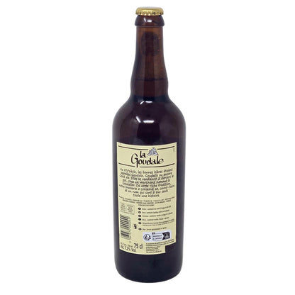 Rückseite der 0,75-Liter-Flasche La Goudale Bière Blonde à l’Ancienne – Detailansicht des Etiketts mit der Markengeschichte, Barcode und Angaben zum Alkoholgehalt (7,2 % Vol.).