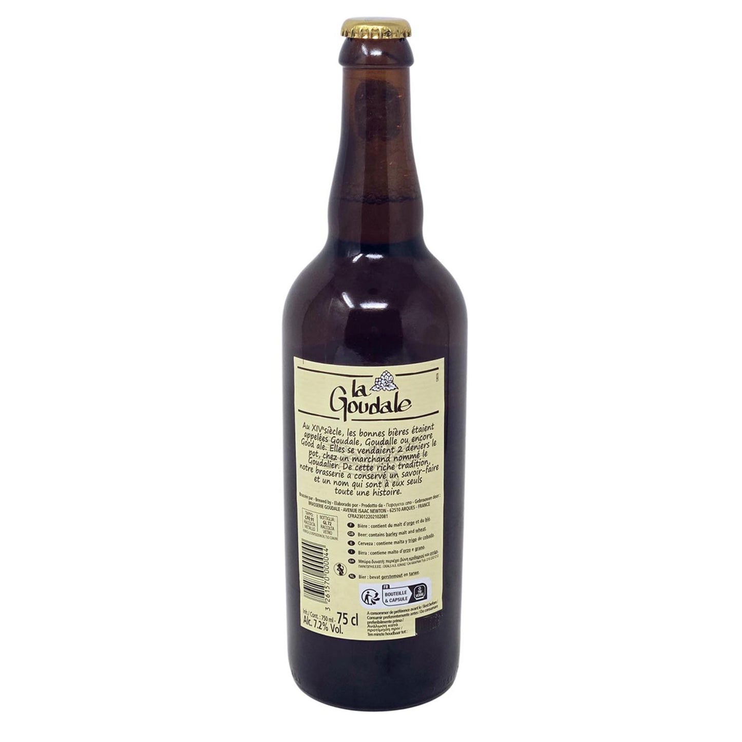 Rückseite der 0,75-Liter-Flasche La Goudale Bière Blonde à l’Ancienne – Detailansicht des Etiketts mit der Markengeschichte, Barcode und Angaben zum Alkoholgehalt (7,2 % Vol.).