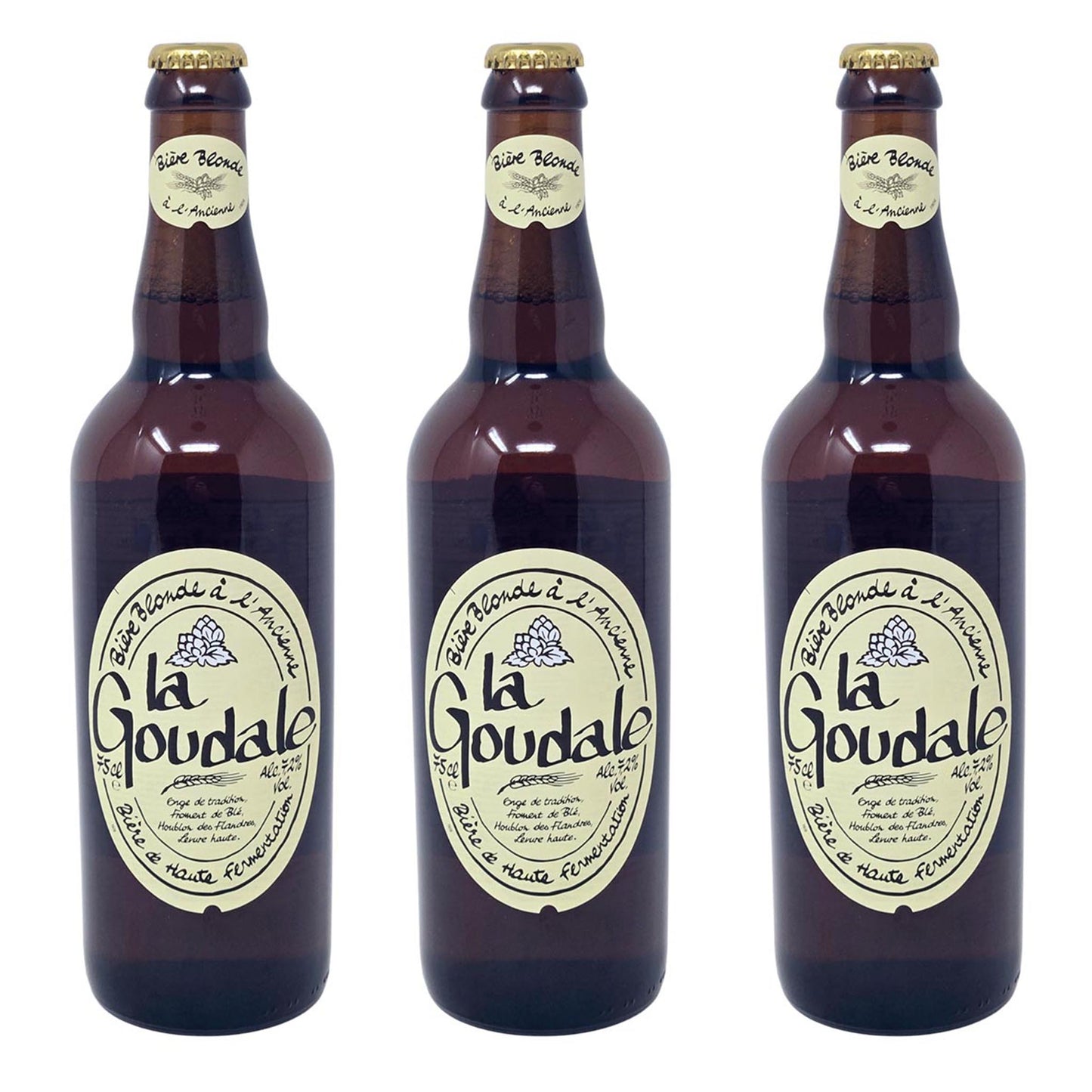 Drei 0,75-Liter-Flaschen La Goudale Bière Blonde à l’Ancienne – französisches Starkbier-Set (3 x 750 ml) mit 7,2 % Vol. Alkohol vor weißem Hintergrund.
