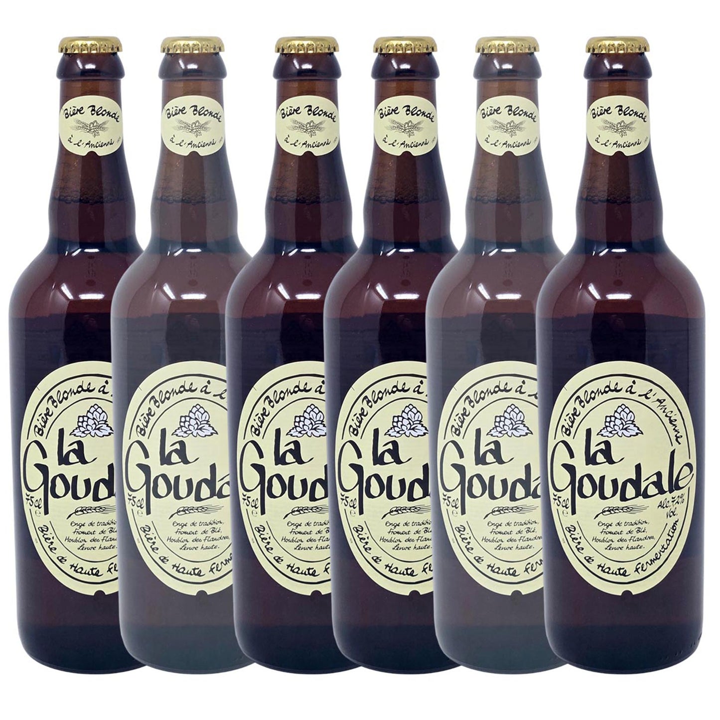 Sechs 0,75-Liter-Flaschen La Goudale Bière Blonde à l’Ancienne – französisches Starkbier im Vorratspack (6 x 750 ml) mit 7,2 % Vol. Alkohol vor weißem Hintergrund.