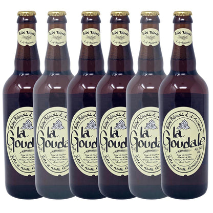 Sechs 0,75-Liter-Flaschen La Goudale Bière Blonde à l’Ancienne – französisches Starkbier im Vorratspack (6 x 750 ml) mit 7,2 % Vol. Alkohol vor weißem Hintergrund.