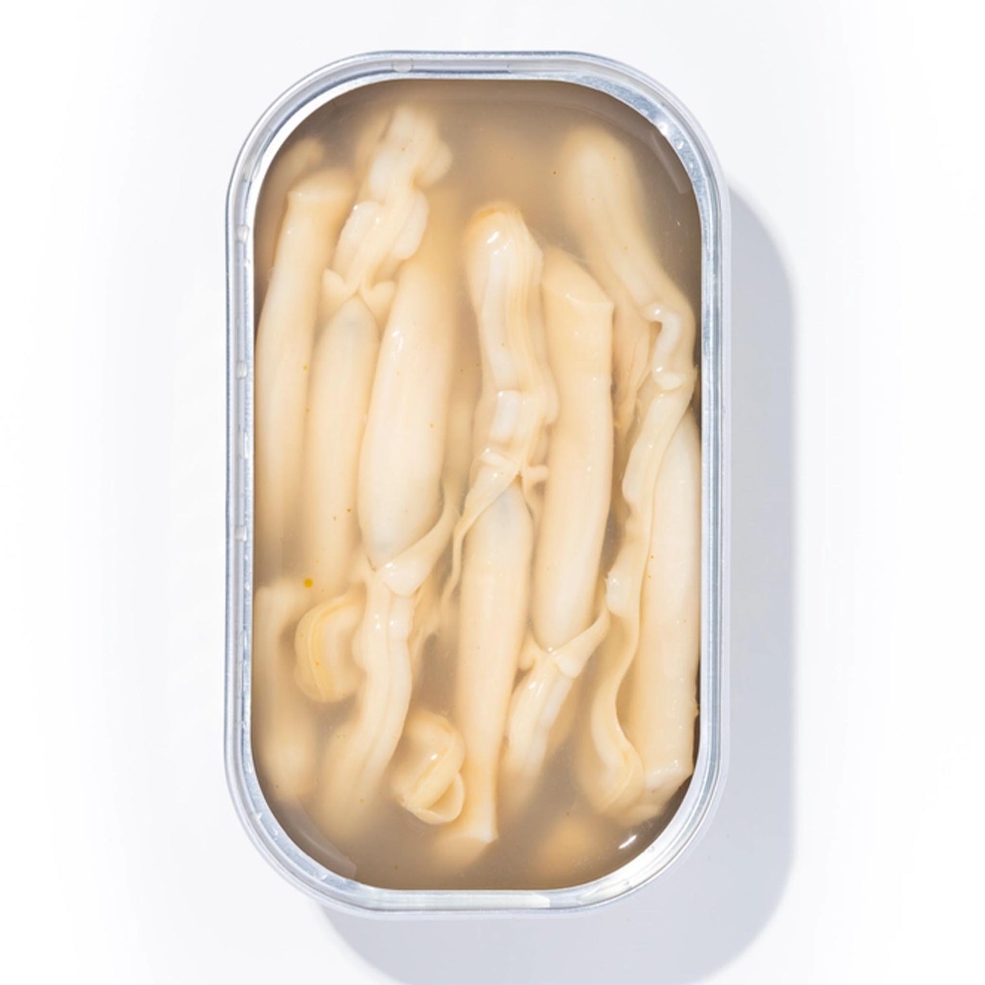 Geöffnete Dose mit Navajas al Natural – zarte Razor Clams in klarer Salzlake, spanische Delikatesse