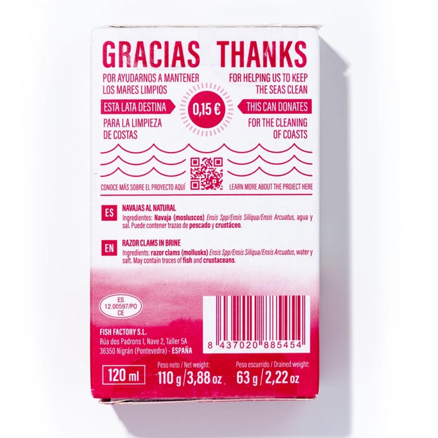 Rückseite der LULIÑA Muscheldose – Zutatenliste, Herkunft Spanien und Spendenaktion für saubere Küsten