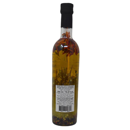 Rückansicht einer 500-ml-Glasflasche A L'Olivier Olivenöl mit Piment d'Espelette und Chili, die das Etikett mit Nährwertangaben, Inhaltsstoffen und der Lagerungsempfehlung zeigt.