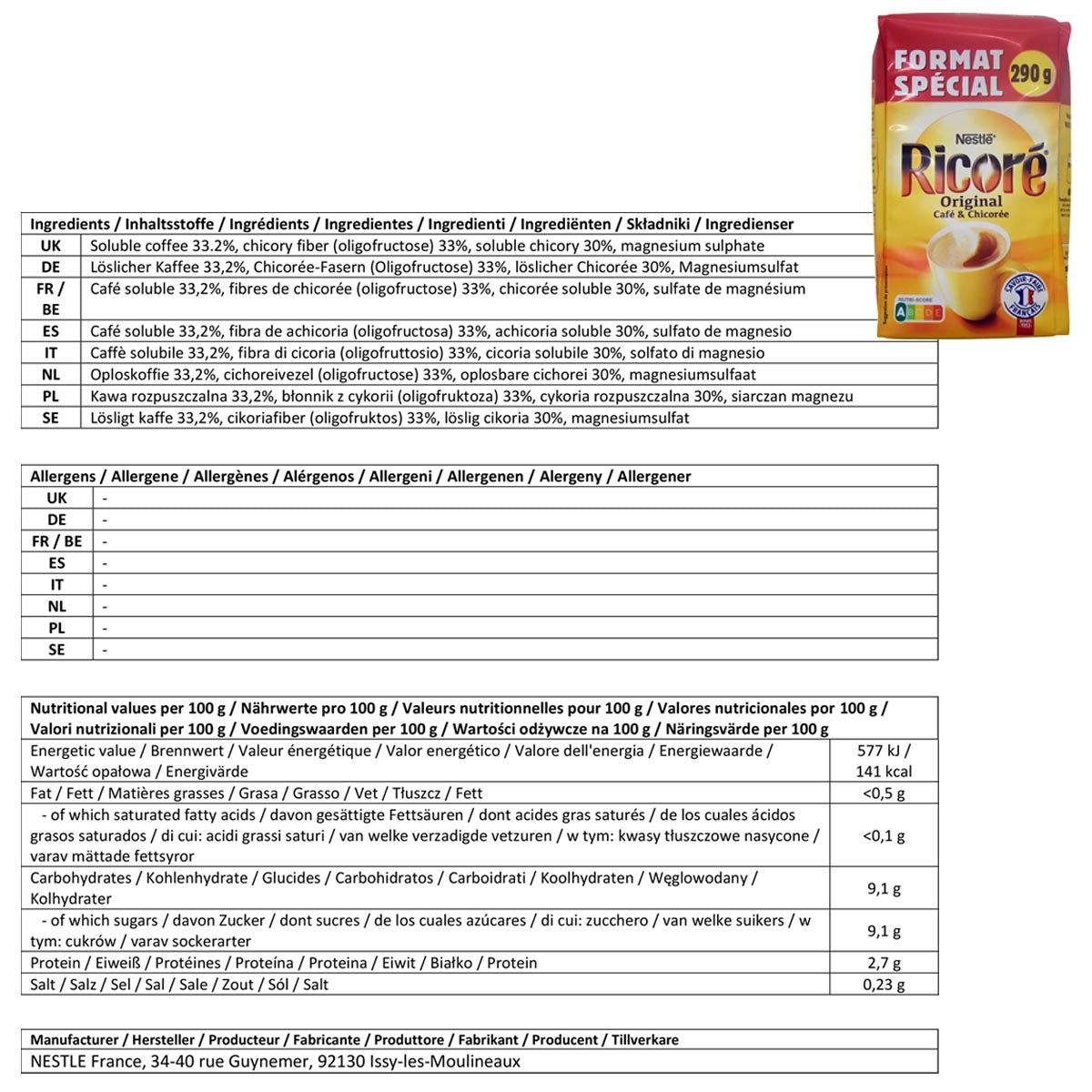 Nestlé Ricoré l'instant Instant Kaffee mit Zichorie Nachfüllpack 6 x 290g