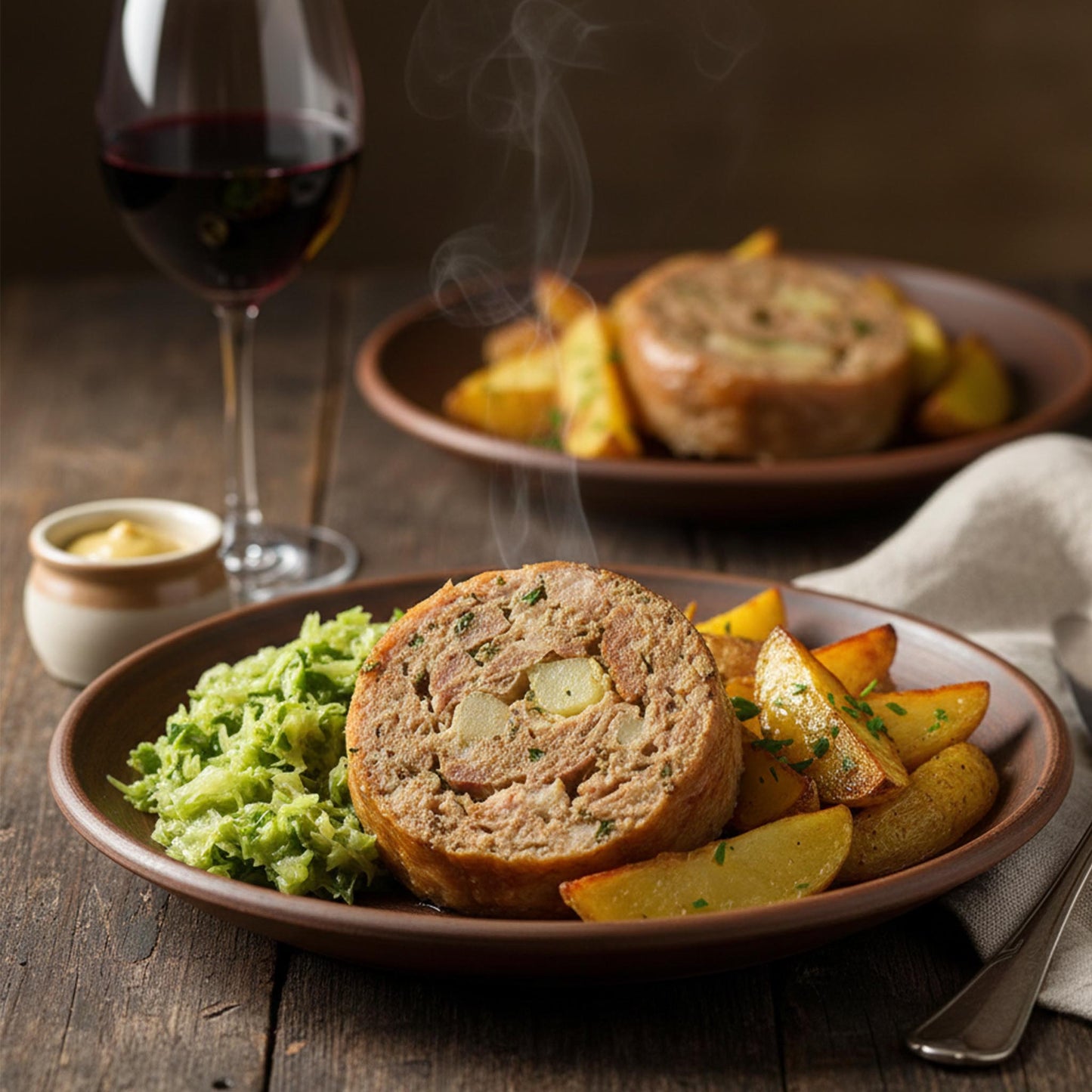 Serviervorschlag für Pfälzer Saumagen – eine Scheibe gebratener Saumagen mit Kartoffelfüllung, serviert mit Sauerkraut und Röstkartoffeln auf einem rustikalen Teller, dazu ein Glas Rotwein.
