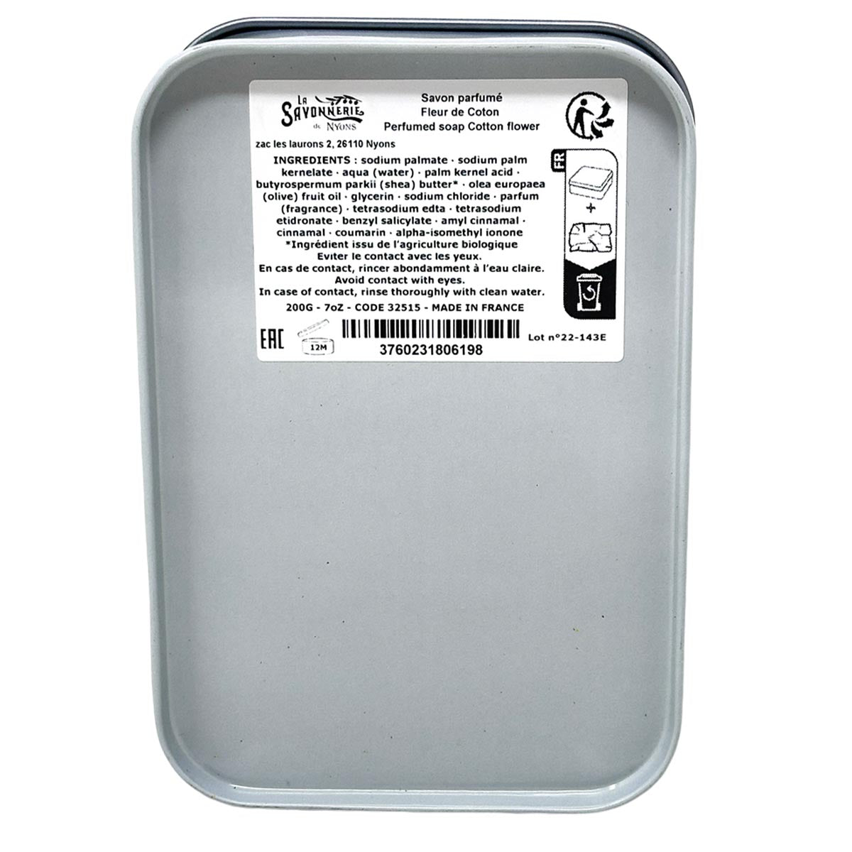 La Savonnerie De Nyons Seife in der Metalldose Bébé Le Bain Baumwollblüte