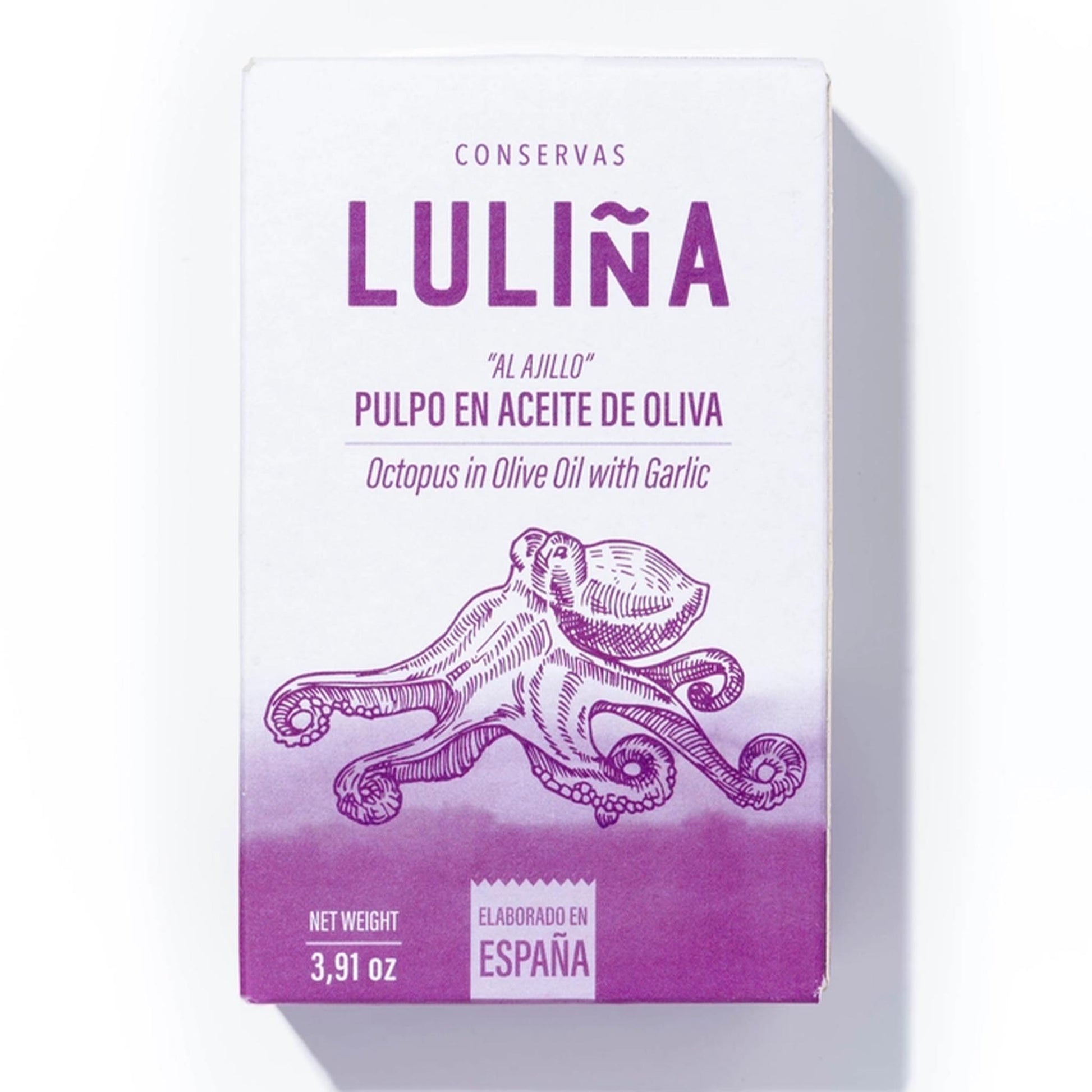 LULIÑA Pulpo al Ajillo – Oktopus in Olivenöl mit Knoblauch, spanische Konserve mit violettem Desig