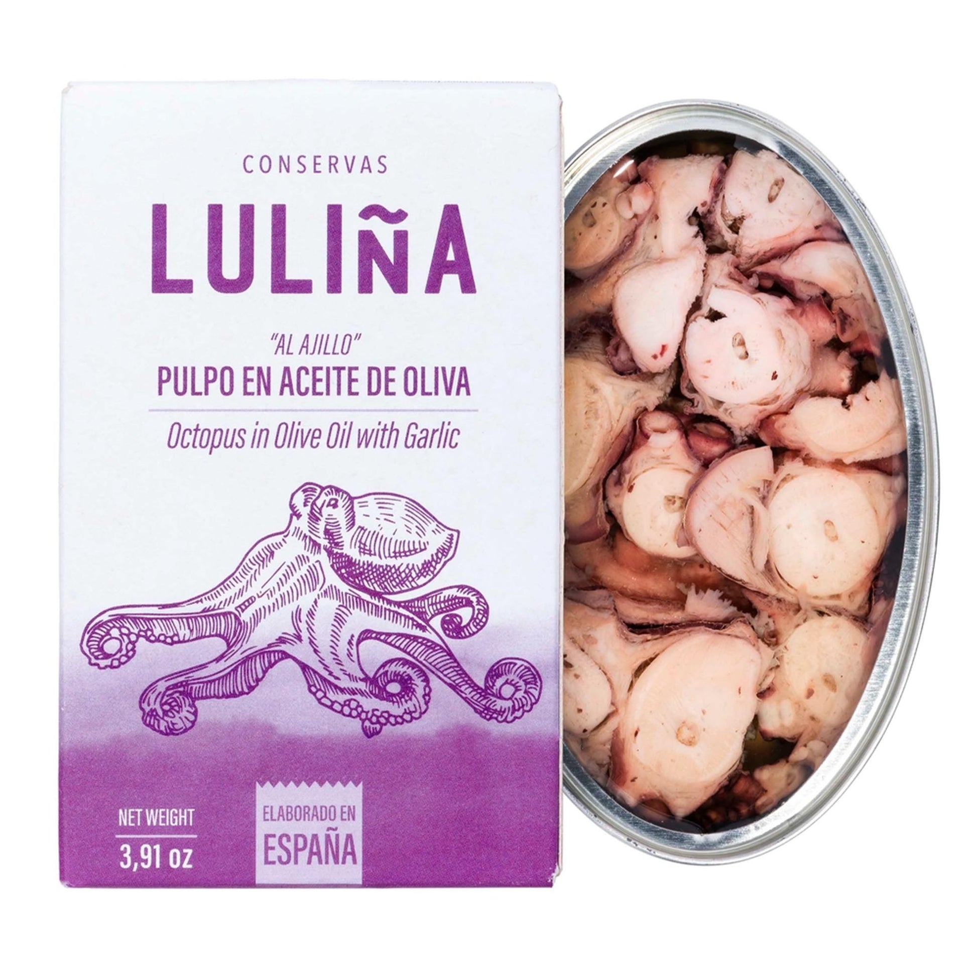 LULIÑA Oktopuskonserve geöffnet – zarte Stücke in Olivenöl mit Knoblauch, spanisches Premiumprodukt