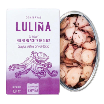 LULIÑA Oktopuskonserve geöffnet – zarte Stücke in Olivenöl mit Knoblauch, spanisches Premiumprodukt
