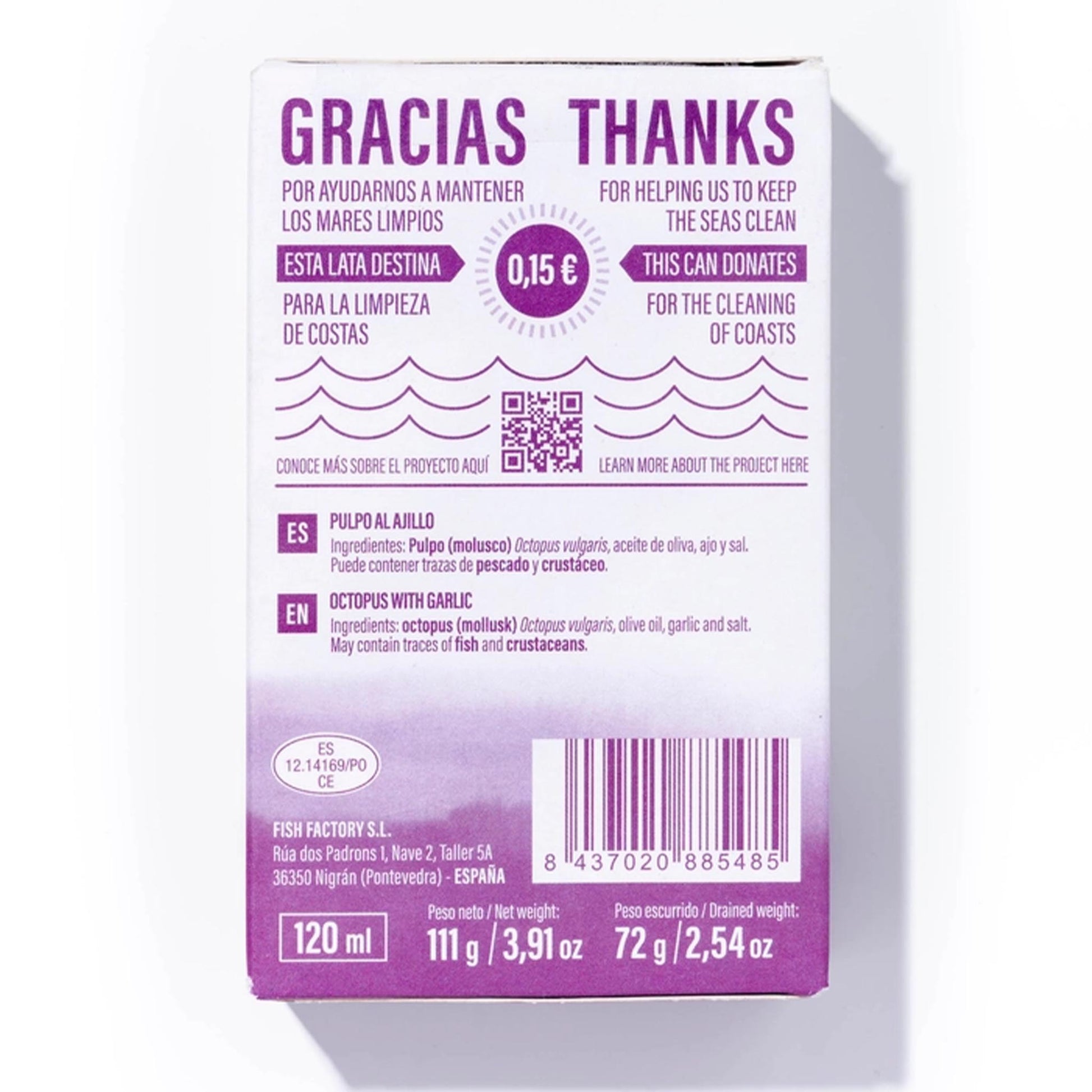 Rückseite der LULIÑA Oktopusdose – Zutatenliste, Herkunft Spanien und Spendenaktion für saubere Küsten