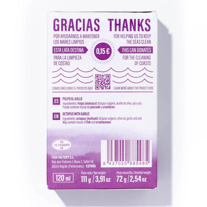 Rückseite der LULIÑA Oktopusdose – Zutatenliste, Herkunft Spanien und Spendenaktion für saubere Küsten