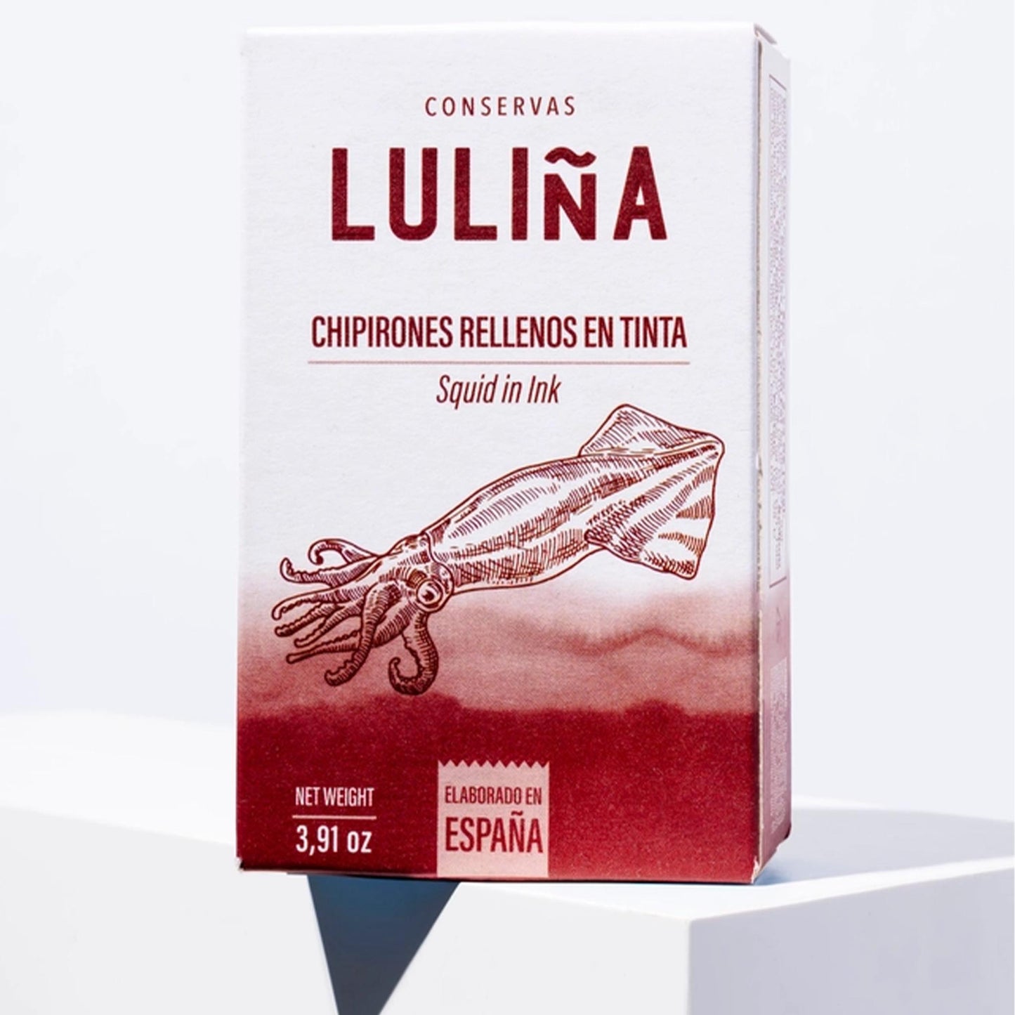 LULIÑA Chipirones Rellenos en Tinta – spanische Konserve mit rotem Design und Tintenfisch-Illustration