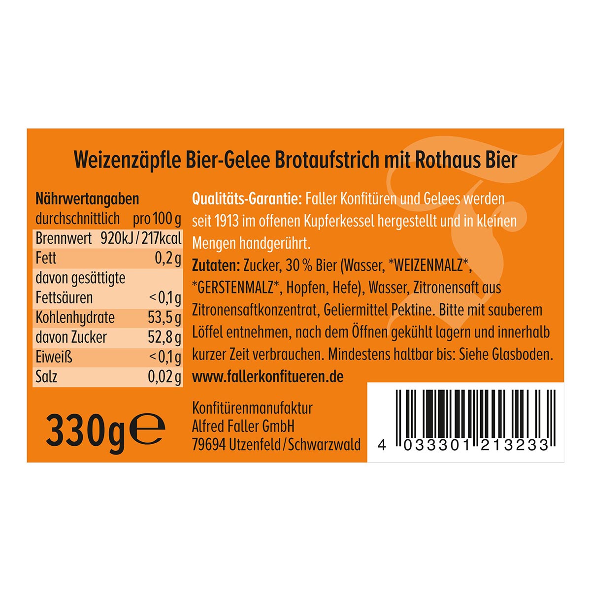 Faller Bier-Gelee Weizenzäpfle – Hausgemachter Brotaufstrich aus dem Schwarzwald 330g