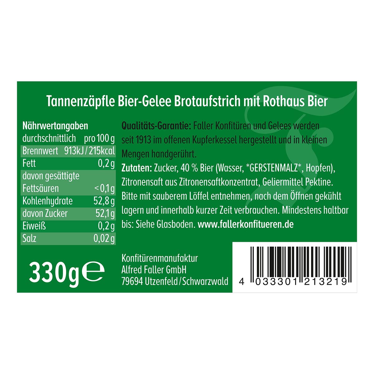 Faller Tannenzäpfle Bier-Gelee – Hausgemachter Brotaufstrich aus dem Schwarzwald 330g