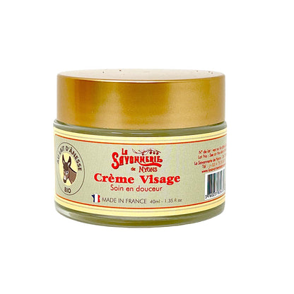 La Savonnerie de Nyons Bio Gesichtscreme mit Eselsmilch 40 ml, Creme Visage im Glas mit Golddeckel, Vorderansicht, natürliche Gesichtspflege aus Frankreich, sanfte Pflege für empfindliche Haut, freigestellt auf weißem Hintergrund