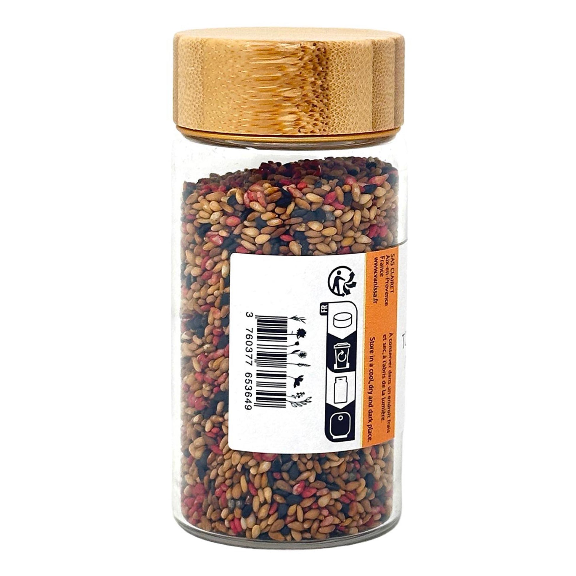 Vanissa Gomasio Topping Heritage Japonais – Seitenansicht mit Barcode und Sesam-Gewürzmischung im Glas