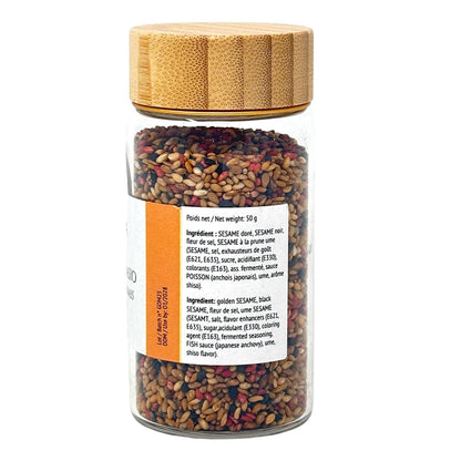 Vanissa Gomasio Topping Heritage Japonais – Rückseite mit Zutatenliste und Sesam-Gewürzmischung im Glas