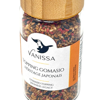 Vanissa Gomasio Topping Heritage Japonais – Detailansicht der japanischen Sesam-Gewürzmischung im Glas