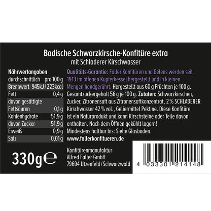 Genieße die Frische: Schwarzkirsch Konfitüre mit Kirschwasser, 330g - 60% Frucht