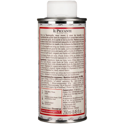 Rückseite der La Tourangelle Il Piccante Pizzaöl Dose – Zutatenliste, Nährwerte und Anwendungshinweise auf der 250 ml Metalldose