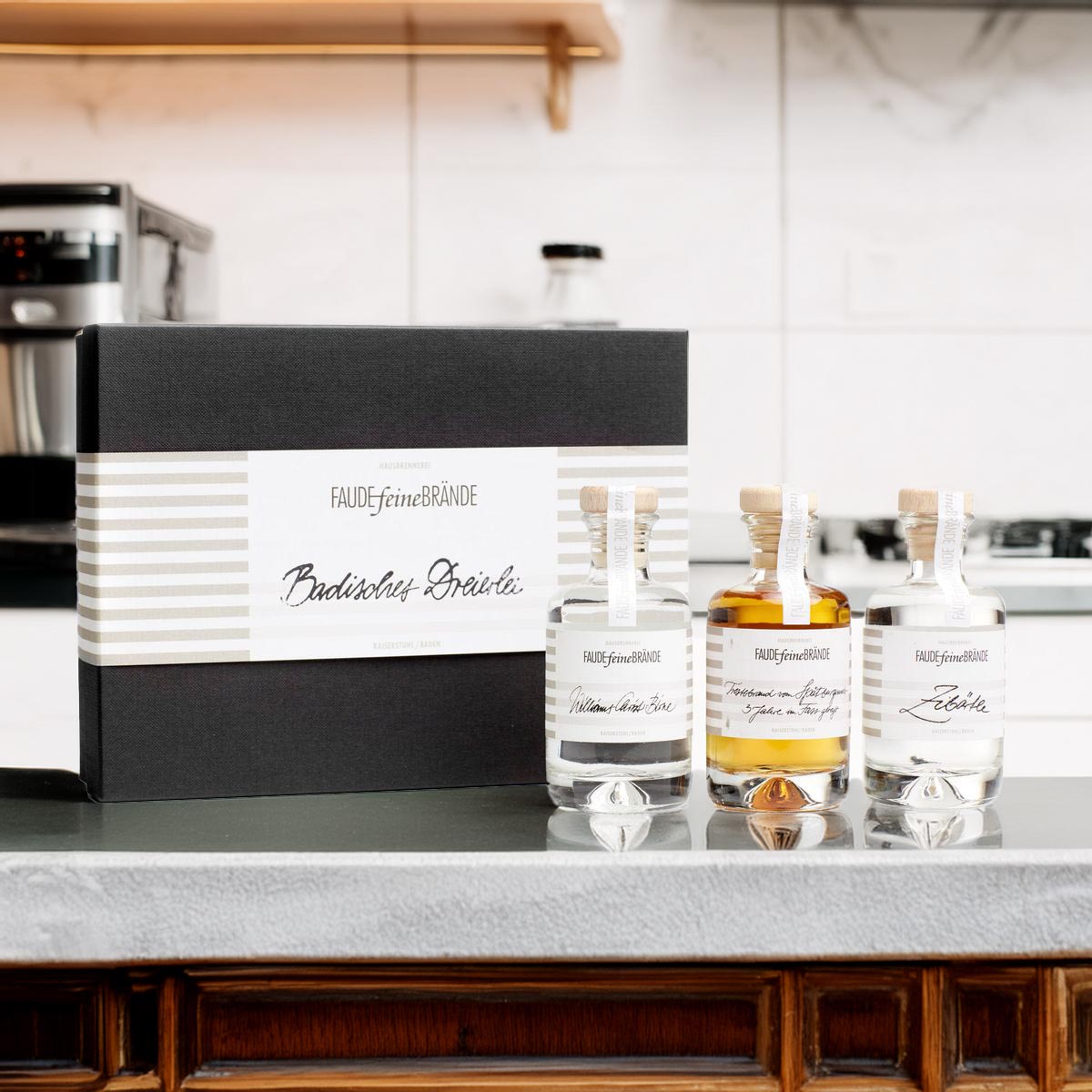 Faude Feine Brände Geschenkbox Badisches Dreierlei (Williams-Christ-Birne, Weintrester Spätburgunder, Zibärtle) 3 x 100ml 40%