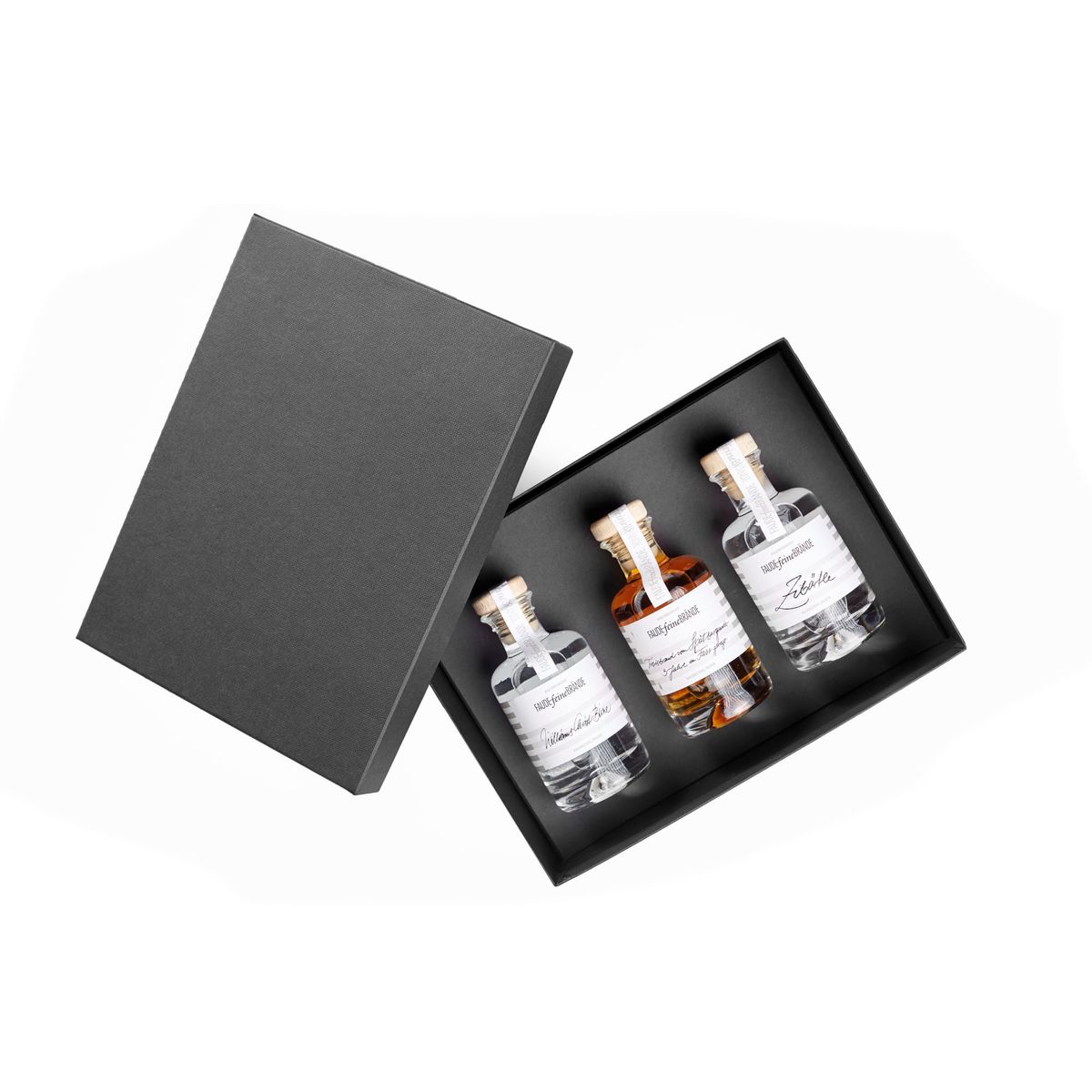 Faude Feine Brände Geschenkbox Badisches Dreierlei (Williams-Christ-Birne, Weintrester Spätburgunder, Zibärtle) 3 x 100ml 40%