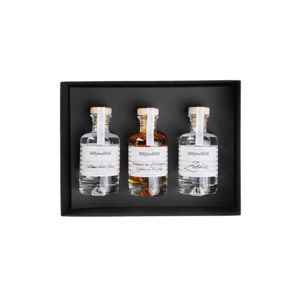 Faude Feine Brände Geschenkbox Badisches Dreierlei (Williams-Christ-Birne, Weintrester Spätburgunder, Zibärtle) 3 x 100ml 40%