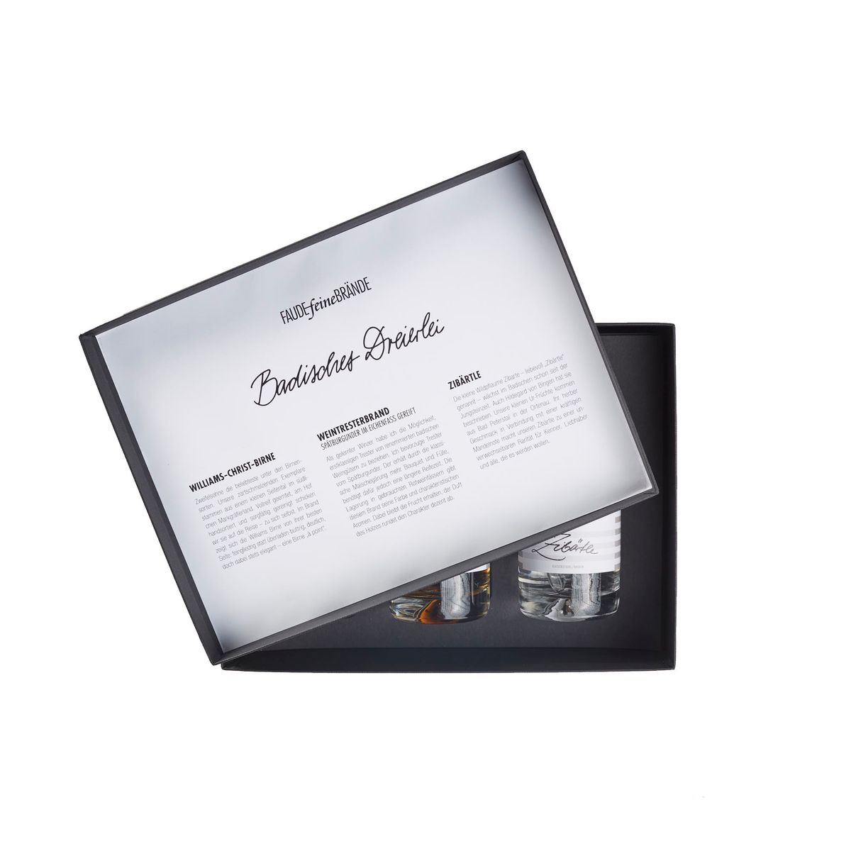 Faude Feine Brände Geschenkbox Badisches Dreierlei (Williams-Christ-Birne, Weintrester Spätburgunder, Zibärtle) 3 x 100ml 40%