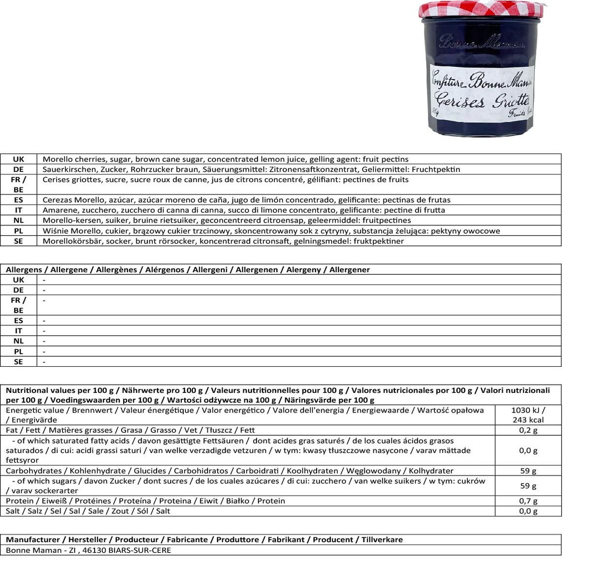 Bonne Maman Sauerkirsch-Konfitüre - Fruchtiger Genuss aus Frankreich 370g