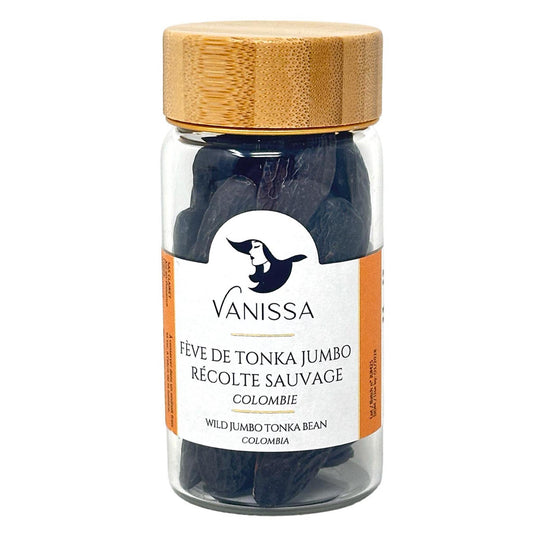 Vanissa Jumbo Tonkabohnen aus Wildernte (Kolumbien) im Glas mit edlem Holzdeckel – Premium-Gewürz für die Gourmetküche.