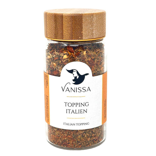 Vanissa Italienisches Topping (Italian Topping) im Glas mit hochwertigem Holzdeckel – authentische Gewürzmischung für Pasta, Pizza und mediterrane Fleisch- oder Fischgerichte.