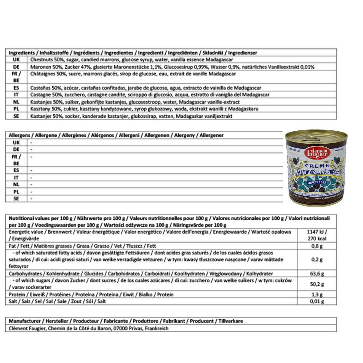 Original Clement Faugier Maronencreme mit Vanille aus Frankreich - 250 Gramm