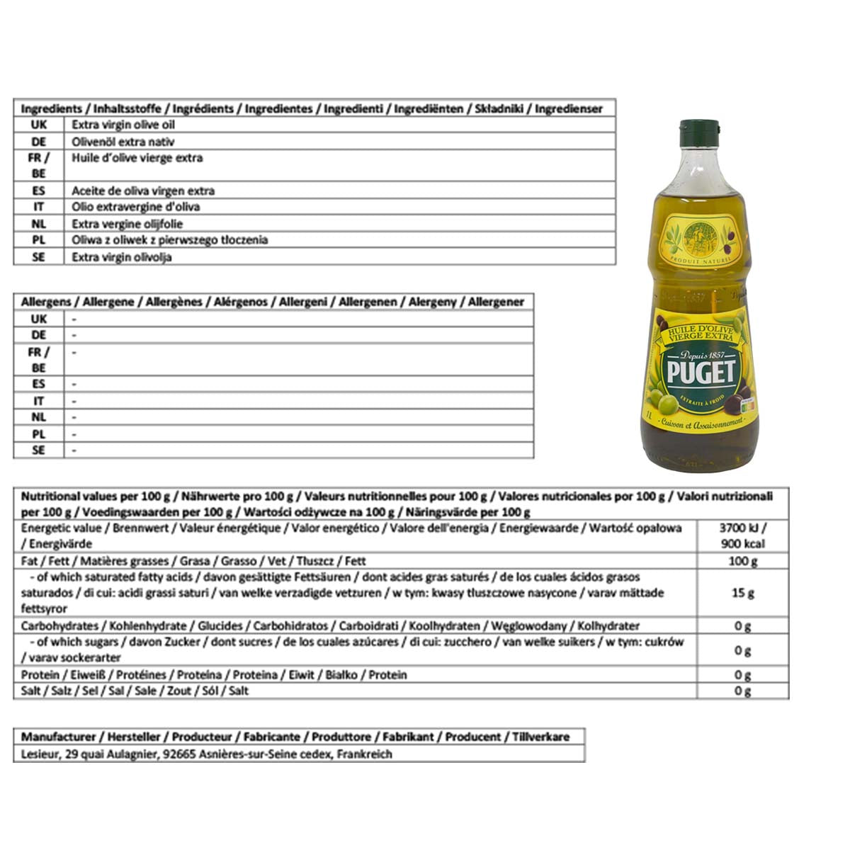 Puget feines Olivenöl aus Frankreich 1 Liter extra natives Olivenöl, Inhalt 1 Liter